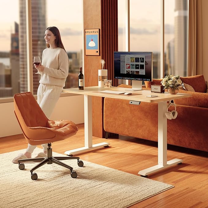 FEZIBO Standing Desk, 63×28 Inches Electric Height Adjustable, Sit Stand Up Table, Computer Office Desk with Splice Board, While Frame/Maple TOP