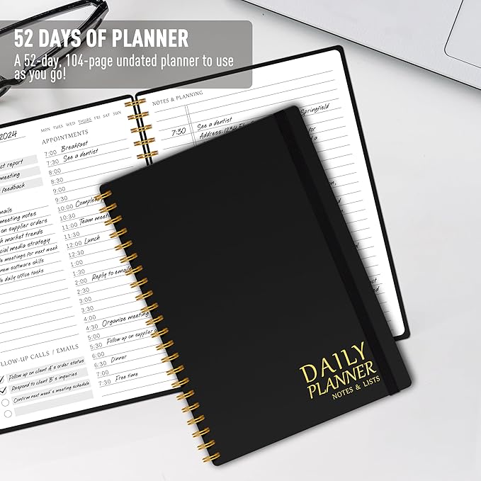 Daily Planner with Hourly Schedules - Undated To Do List Notebook for Work and Study, Spiral Bound, 5.5" x 8.5", Easily Manage Tasks and Appointments - Black