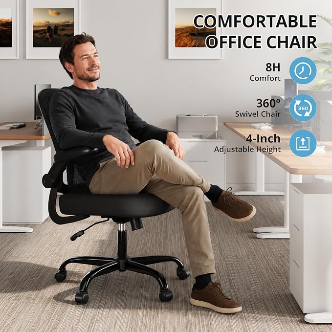 Ergonomic Mesh Office Chair with Adjustable Lumbar Support, Black | 330 LB Capacity,Flip-Up Arms,All-Day Comfort,Desk chairs,Breathable Mesh