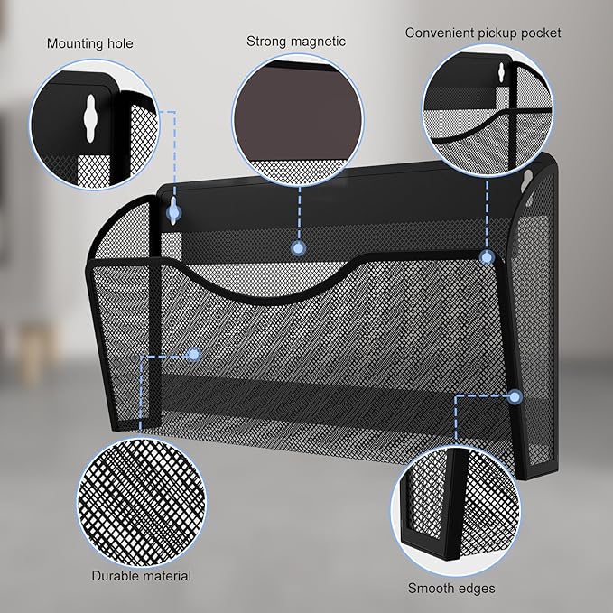 Magnetic File Holder 4 Pockets File Folder Organizer, Office Hanging Magazine Rack for File Cabinets, Magnetic Paper Holder, No Drilling Mail Organizer for Refrigerator, Office