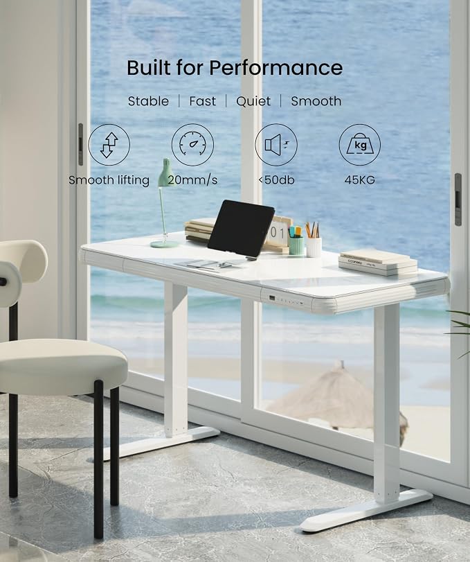 SANODESK Standing Desk with Drawer, Electric Height Adjustable Home Office Desk with Storage & USB Ports, 48 inch Tempered Glass Tabletop/White Frame