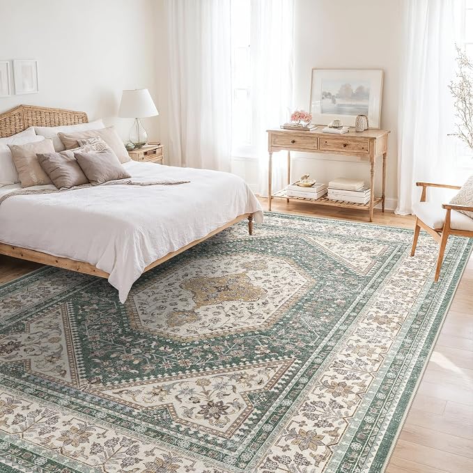 Washable 7x9 Area Rugs for Living Room: Soft Bedroom Rug Non Slip Rugs with Rubber Backing Ultra Thin Low Pile Carpet for Dinging Room Home Office Decor Green/Beige