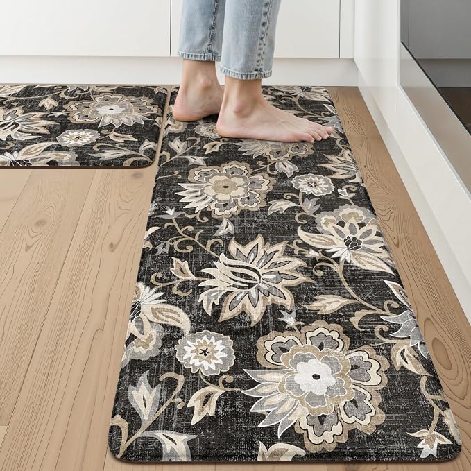 LEEVAN Anti Fatigue Kitchen Mats for Floor, Cushioned Kitchen Mat Set 2PCS | 17.3"x29"+17.3"x47", Boho Floral Black Kitchen Rugs Non-Slip, Waterproof Ergonomic Standing Mats for Laundry, Office, Sink