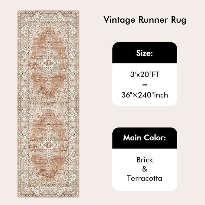 3x20 Runner Rug for Hallway Washable: Non Slip Kitchen Rugs with Rubber Backing Soft Waterproof Mats Stain Resistant Indoor Vintage Carpet Runner for Bedroom Bathroom Laundry Entryway Brick/Terracotta