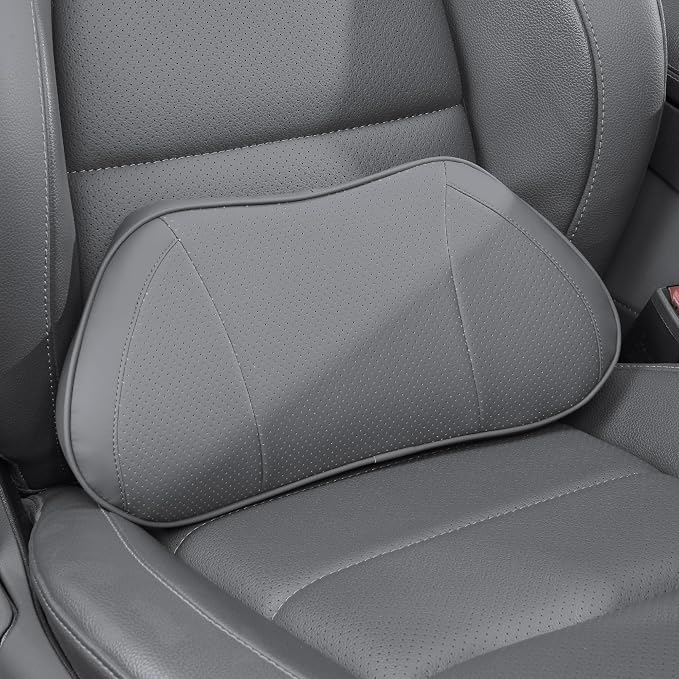 Car Lumbar Support Pillow for Driving Seat, Gray, 1 Pack | Leather Memory Foam Lumbar Cushion for Lower Back Pain Relief, Universal Back Support for Driving, Home & Office Chairs