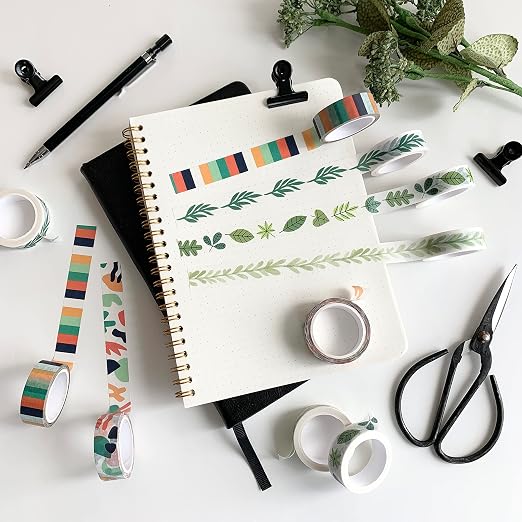 Washi Tape Set of 12 Rolls of 15 mm Wide Cute Decorative Washi Tape for Journaling, Scrapbook, Washy Crafts, Bullet Journals, Planners, DIY Décor, Craft Supplies For Adults & Kids (Tranquility)