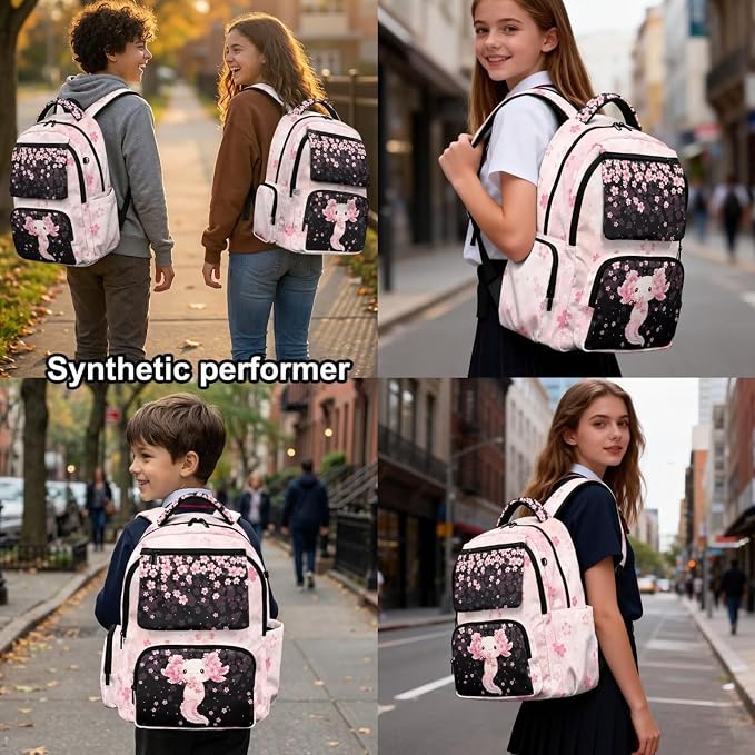WELLFLYHOM Axolotl Cherry Blossom 17 Inch School Backpack for Kids 8-12 Girls Junior High Book Bag with Lunch Box Pencil Case Water Bottle Case Back to School Supplies