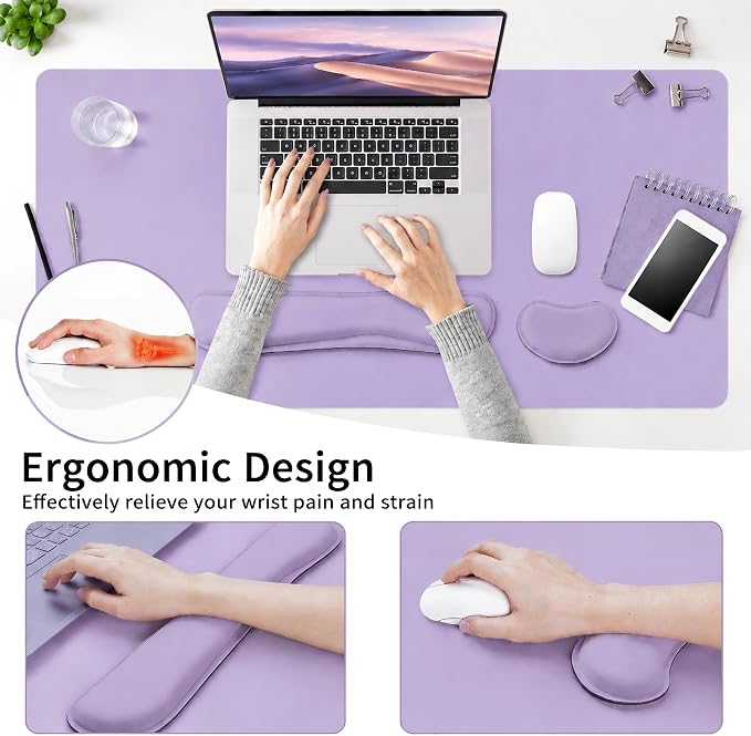 Mouse Pad and Keyboard Wrist Rest (31.5×15.7 Inches, Purple) | PU Leather Desk Mat