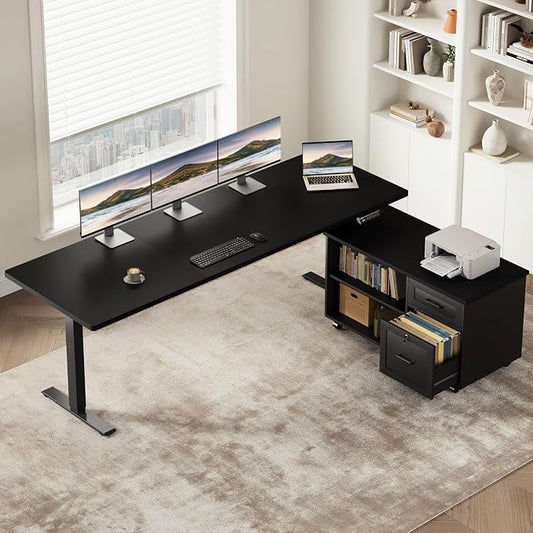 OffiGo 71 Inch L Shaped Electric Standing Desk with File Cabinet, Black | Mobile Drawers & File Cabinet for Flexible Layout, Height Adjustable Executive Stand Up Desk for Home Office Workstation