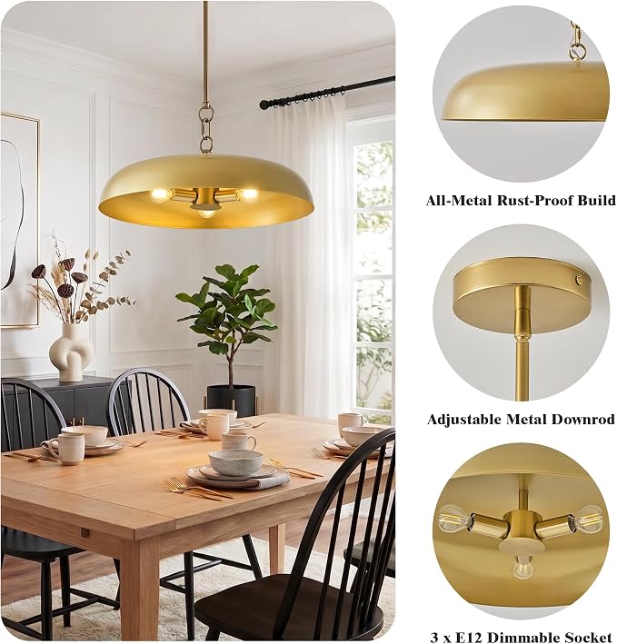 Large Pendant Lights Kitchen Island 20.4in, Gold Dining Room Fixture | 3-light hanging dome chandelier, modern all-metal frame, adjustable 18-54in downrod, E12 40W base, for over table bar cafe
