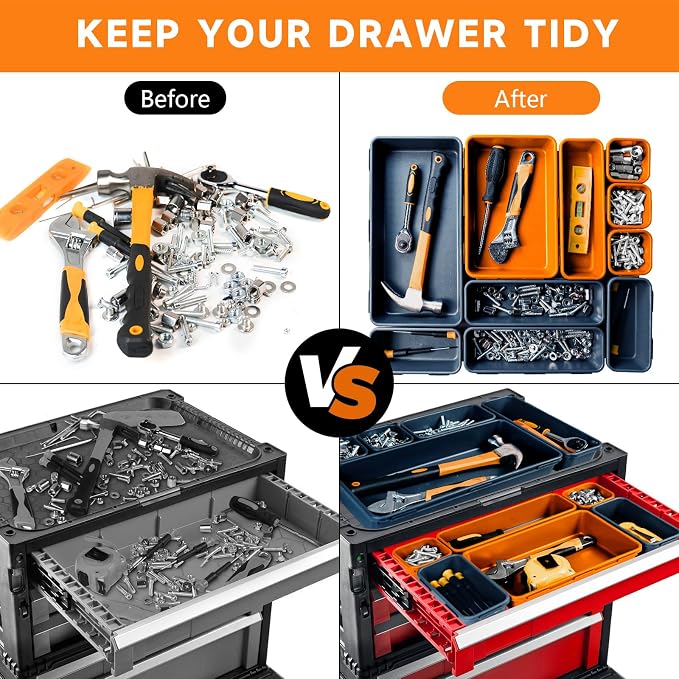 Tool Box Organizer Tray, 60 PCS & 5 Sizes, Blue and Orange | Upgraded Tool Drawer Organizer, Scratch-Resistant Plastic, Interlocking Design, Toolbox Organization for Rolling Tool Chest