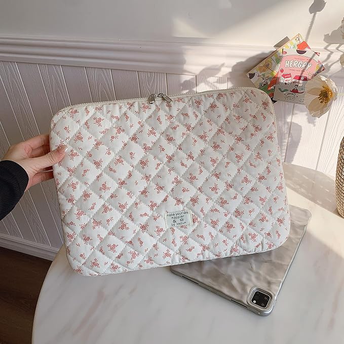 Cute Laptop Sleeve 13-15 inch Laptop Case Aesthetic Quilted Laptop Sleeve Computer Bag with Flower Printing for MacBook (Pink, 15inch)
