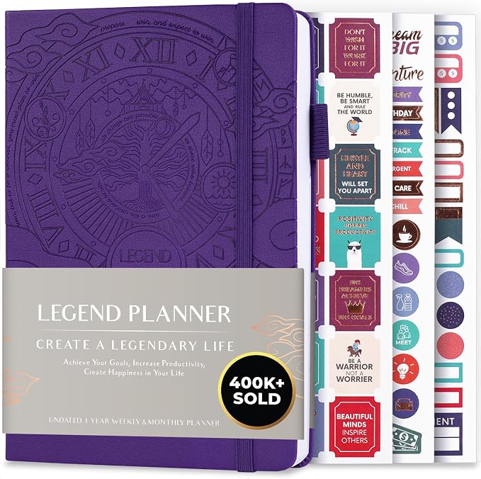Legend Undated Weekly Planner – Goal Planner Journal & Organizer Notebook – Agenda Book with Monthly Calendar & To-Do List, A5 (Purple)