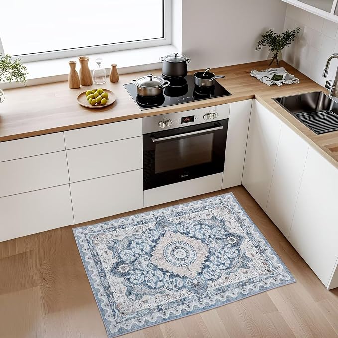 Macgace 2x3 Small Area Rug for Entryway, Soft Washable Rugs with Non-Slip Backing for Bedroom Kitchen, Vintage Throw Carpet Laundry Entry Door Decor, Blue & Beige