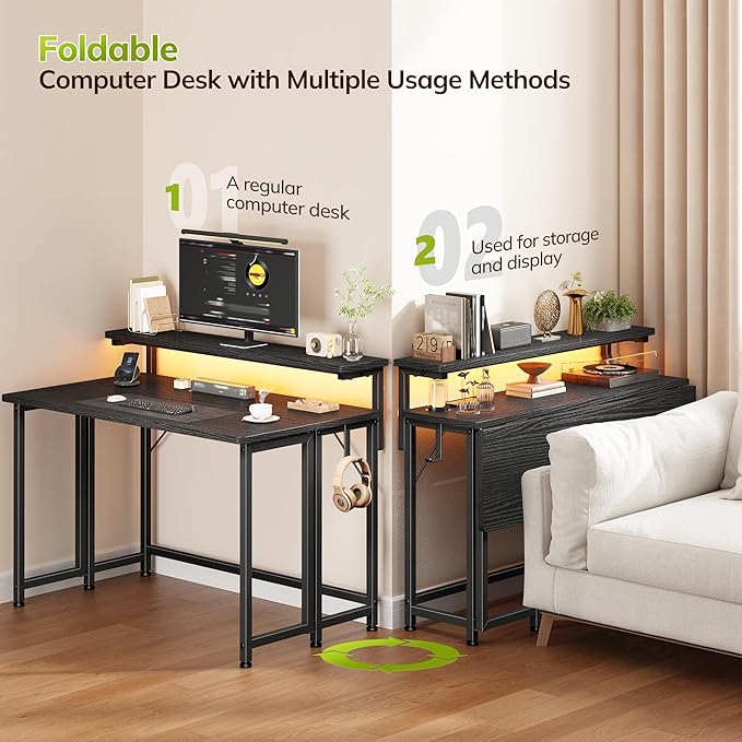 Folding Desk,Foldable Computer Desk with Monitor Stand,39.4 Inch Gaming Desk with LED Lights & Hooks,Space Saving Sofa Table for Couch,Home Office Desk for Bedroom Living Room,Black