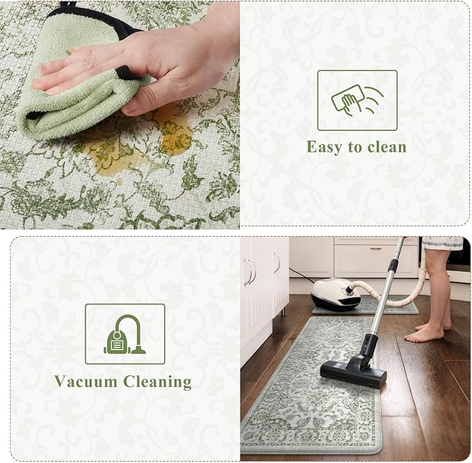 KIMODE Anti Fatigue Kitchen Mat Set, Non Slip Waterproof Kitchen Rug Set of 2, Boho Rugs for Kitchen, Ergonomic Standing Kitchen Sink Mats for Floor, 17"x29.5"+17" x47”, Sage Green