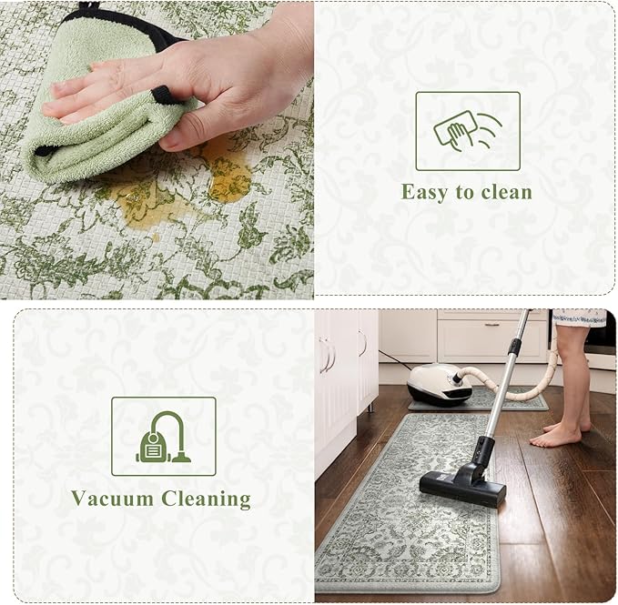 KIMODE Anti Fatigue Mats for Kitchen Floor Non Slip,Boho Vintage Floral Rugs Sets of 2,Cushioned Carpet Non Slip for Laundry,Wide Memory Foam Runner for Sink Office,Green 20"x47"+20"x32"