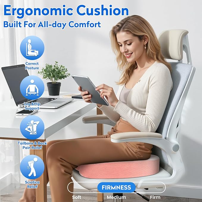 CushZone Seat Cushion, Office Chair Cushions, Car Seat Cushion, Non-Slip Sciatica & Back Coccyx Tailbone Pain Relief Chair Pad, Memory Foam (Large,Pink)