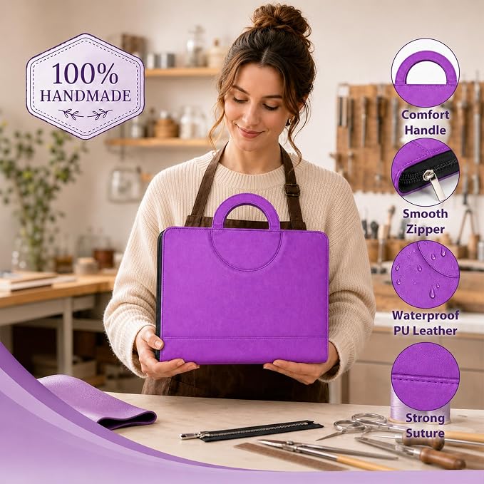 Darolin Vegan Leather Padfolio Portfolio with Handle, Zipper -Purple | Business Portfolio Organizer for Meetings, Interviews, Travel, Resume, Clipboard Fits A4, Letter Size, Padfolio for Men Women