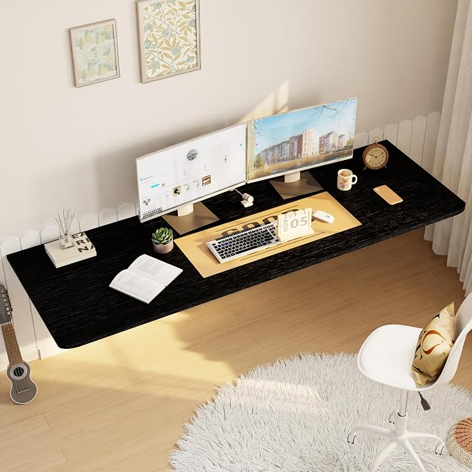 IAE Wall Mounted Floating Foldable Desk 60" x 22" Folding Computer Workstation Table with Engineered Wood and Metal Shelf Brackets,Fold&Floating Design for Home Office, Apartment,Laundry Room,Black