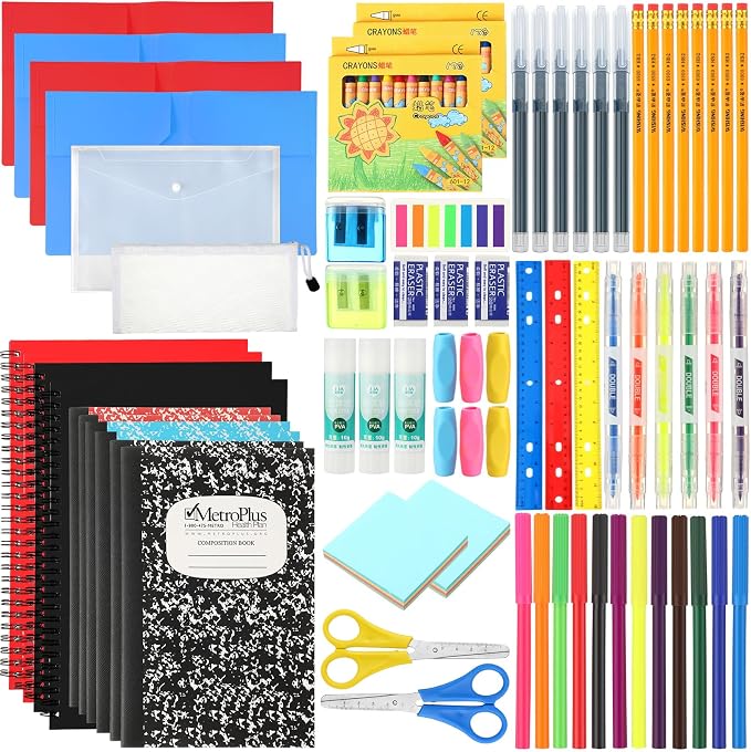 Gilprop 176 Pcs School Supply Kit 2 Set Back to School Supplies for Students Essential Bundle Kit Include Pencil Notebook Ruler Glue Scissor Sticky Note Eraser Pencil Sharpener