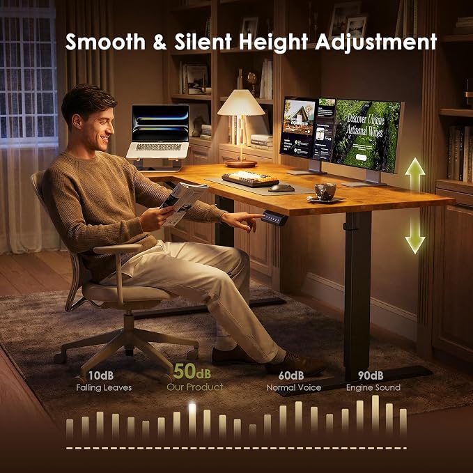 OffiGo Electric L Shaped Standing Desk, 55 Inches Height Adjustable Table, Reversible Corner Stand Up Desk, Lifting Computer Table for Home Office, Computer Workstation, Rustic Brown