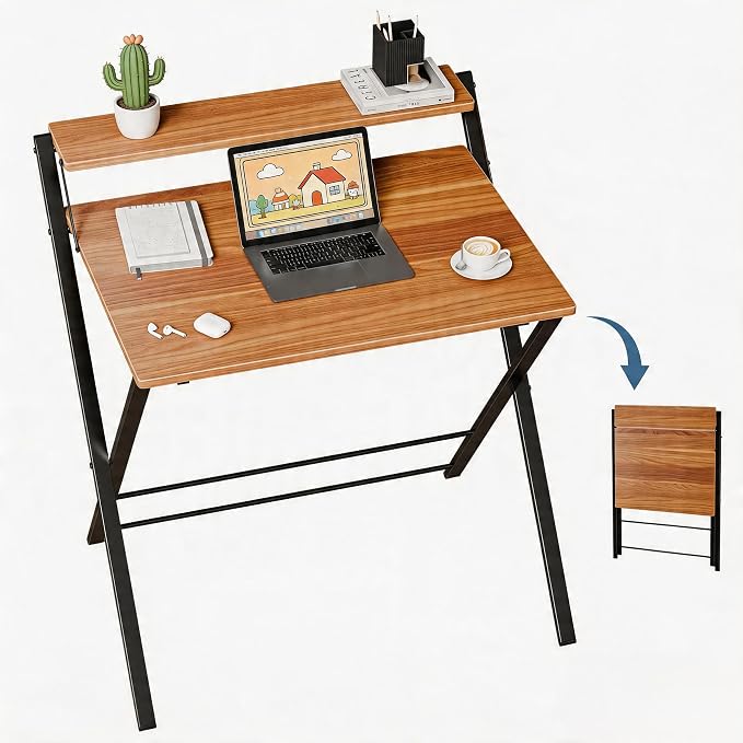 Simple Deluxe No Assembly Folding Desk with Shelf, 2-Tier Compact Computer Table, Space Saving Foldable Table for Home Office, Dorm or Apartment, Portable Collapsible Sturdy Laptop Desk, Brown