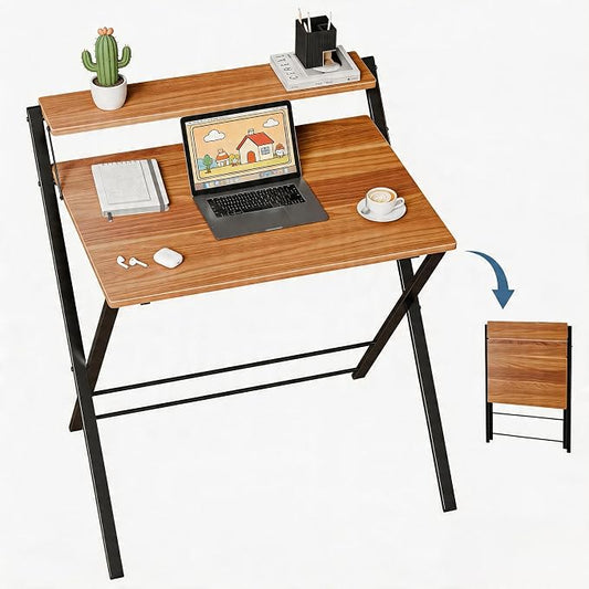 Simple Deluxe No Assembly Folding Desk with Shelf, 2-Tier Compact Computer Table, Space Saving Foldable Table for Home Office, Dorm or Apartment, Portable Collapsible Sturdy Laptop Desk, Brown