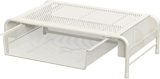 Simple Houseware Metal Desk Monitor Stand Riser w/ Organizer Drawer, White | Side Storage for Office Supplies