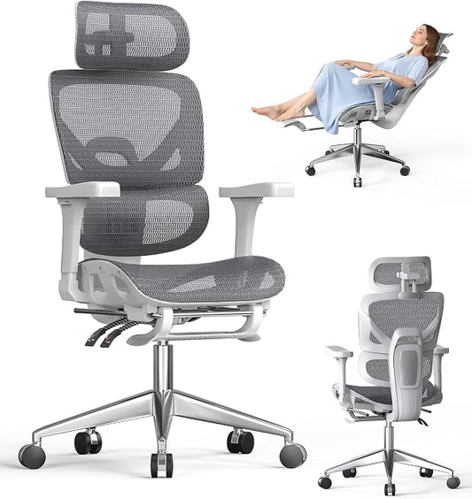 naspaluro Ergonomic Office Chair Lumbar Support High Back 350lbs Capacity | Adjustable Height Breathable Mesh Swivel Desk Chair with 3D Armrest Headrest, Footrest, PU Wheels, Comfy Computer Chair Grey