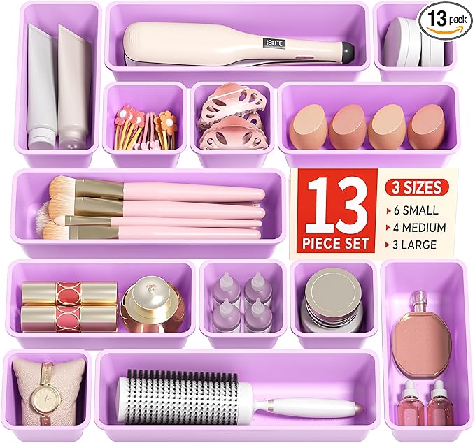 Canfanni 13 Pack Plastic Drawer Organizers Set, 3 Sizes Desk Drawer Organizer Trays for Vanity and Makeup Organizer, Organization and Storage for Makeup, Kitchen Utensils, Bathroom and Office(Purple)