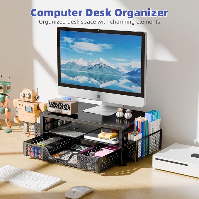 Simple Trending 2-Tier Monitor Stand Riser, Desk Organizer, Drawer, Black | Laptop & Printer Stand, Desktop Organizer, Drawer & 2 Pen Holders, Sturdy Material, for Home Office, 16"W x 10"D x 5.8"H