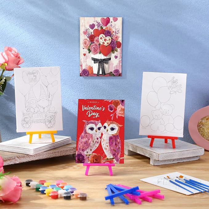 Blosssound 10 Set Valentine's Day Pre Printed Canvas Heart Pre Drawn Canvas Painting with Easel Kits 5" x 7" Outline Painting Panels for Beginners, DIY Craft Project, Home Decors