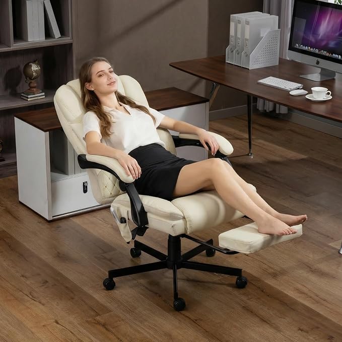 Heated Massage Executive Office Desk Chair with Footrest - Beige | 6 Points Vibration Massage System, 5 Massage Modes, 3 Target Areas (Back,Lumbar,Seat), Reclining 90°-135°
