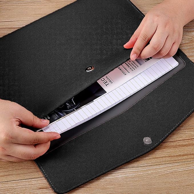 PU Leather A4 File Folder Document Holder Waterproof Portfolio Envelope Folder Case with Snap Closure Black