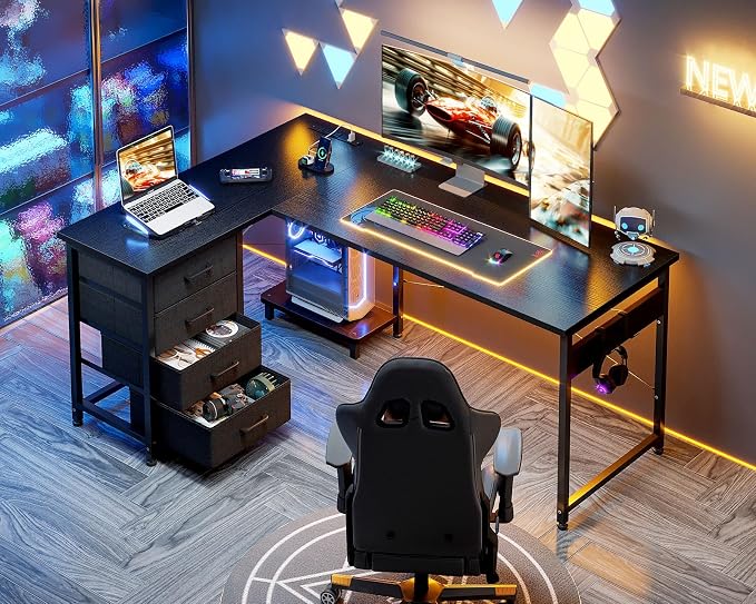 AODK 53" L Shaped Gaming Desk with 4 Drawers and Power Outlets, Black | USB Ports, PC Tower Stand, Hooks, Reversible Corner Layout for Gaming Rooms, Bedrooms and Home Office