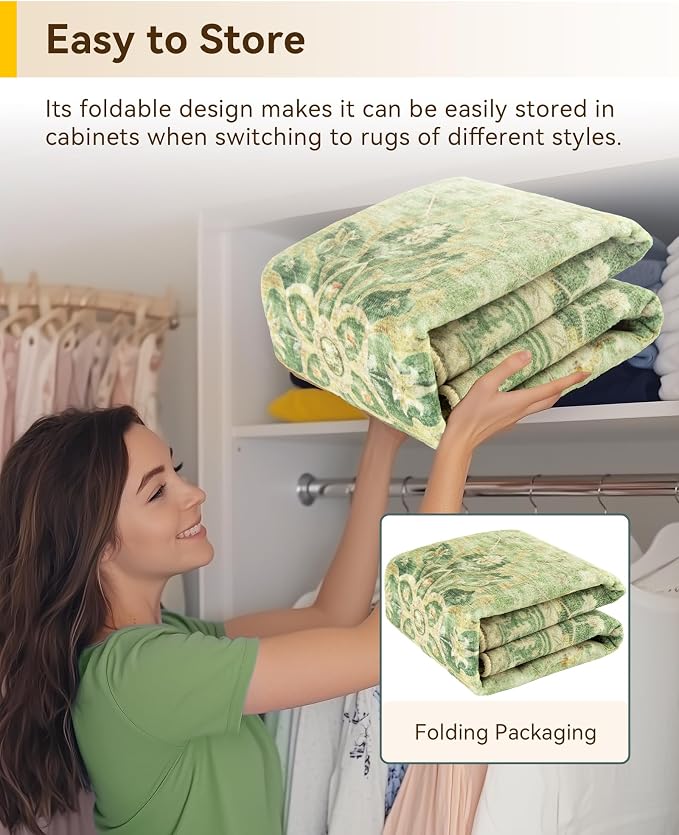 RELEANY Area Rugs Round 4ft Washable Non-Slip, Floral Vintage Distress Medallion Carpet for Living Room Bedroom Dining Room, Sage Green Yellow