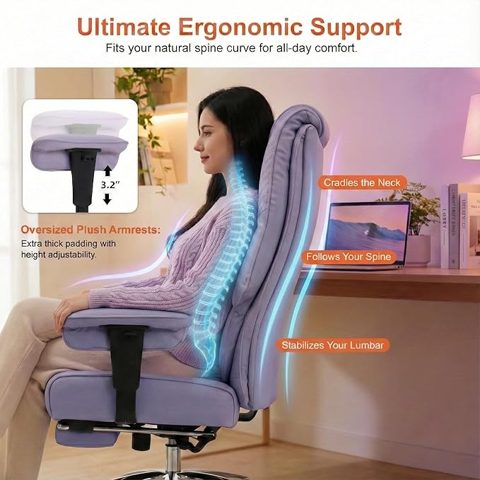 Big and Tall Office Chair 400lbs Wide Seat, Leather High Back Executive Office Chair with Foot Rest, Ergonomic Chairs Lumbar Support for Lower Back Pain Relief (Light Purple)