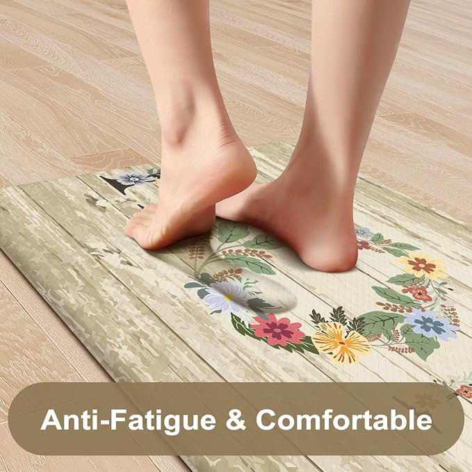 KIMODE Kitchen Floor Mats Cushioned Anti Fatigue,Farmhouse Floral Rugs Sets of 2,Memory Foam Carpet Non Slip,Long Sink Runner for Bathroom Laundry Office,Beige 17"x59"+17"x29"