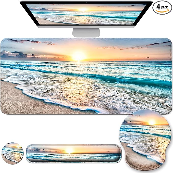 Desk Mat Set + Keyboard and Mouse Pad with Wrist Rest Support,4-in-1 Large Mousepad Computer Mats for Desktop Home & Office-Blue Sunset Beach