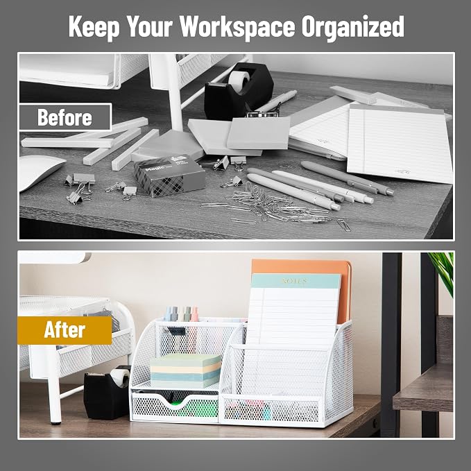 Mind Reader 7-Compartment Desktop Organizer, Metal Mesh, White | Desk Organizer for Pens, Sticky Notes, Mail, Office Supplies