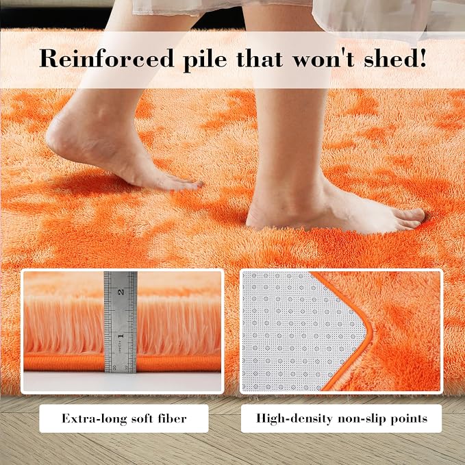 Mottling Orange Fluffy Rug Shag Area Rug, 4x6 Area Rugs for Girls Bedroom, Soft Play Mat, Indoor Floor Carpet for Teen, Preppy Dorm, Plush Aesthetic Bedside Rug