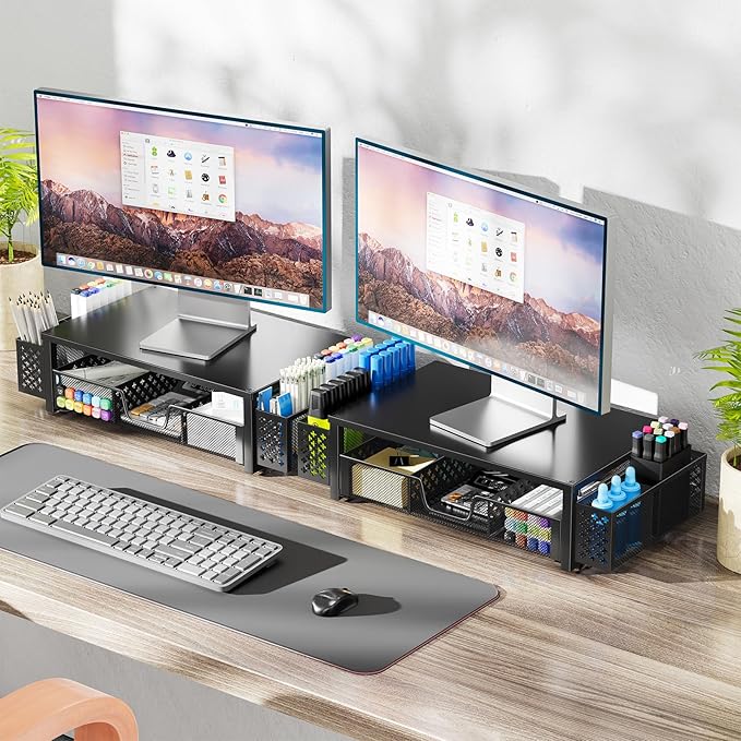 Simple Trending 2-Tier Desk Organizer, Computer Monitor Stand Riser, Black | Metal Laptop & Printer Stand, Desktop Organizer with Drawer & 2 Pen Holders, Anti Slip Pads, 18.5"W x 9.5"D x 4.75"H