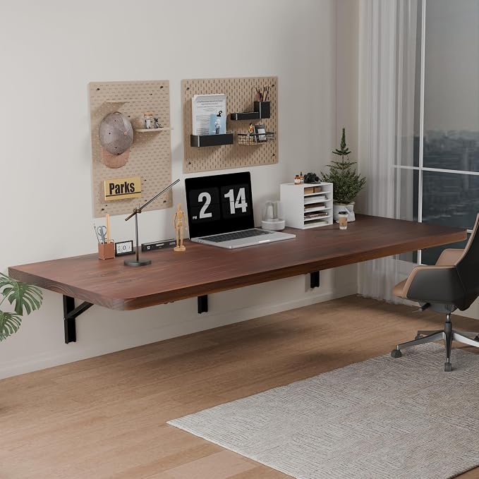 IAE Floating Wall Mounted Folding Table Desk with Pine Wood,55"x22" Folding Workbench,Fold Down wall Mounted Foldable Table with Shelf Brackets,Laundry Folding Table for Apartment,Home,Kitchen,Walnut