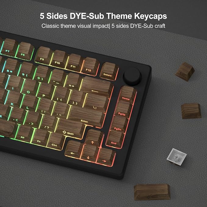 dagaladoo Doubleshot PBT keycaps 60 75 100 Percent,Brown Key caps Shine Through,Side Print Custom Keycap,Cherry Profile Keyboard caps for Machine Keyboard(Walnut Textures)