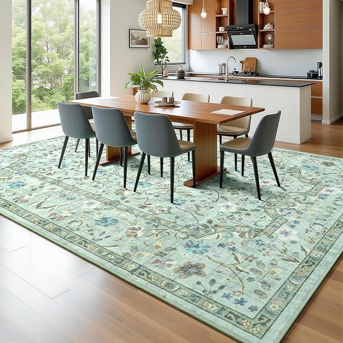 Vasofe 6x9 Area Rug for Living Room, Washable Rugs for Bedroom Room, Dining Room, Vintage Floral Indoor Non Slip Carpet Farmhouse Light Green Throw Carpets Soft Low Pile Mat for Classroom Playroom