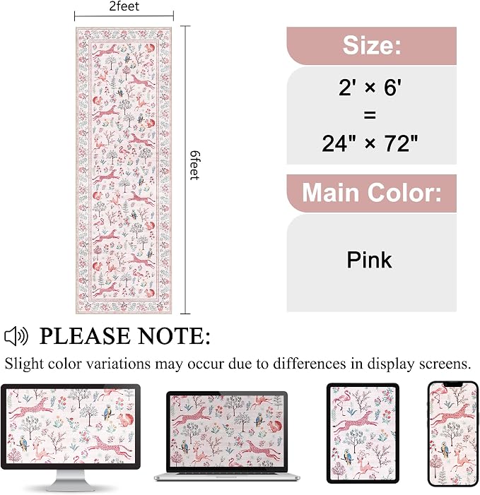 DUKINO 2x6 Rug for Hallway, Washable Kitchen Runner Rug with Non Slip Backing, Soft Low Pile Vintage Animal Runner for Bedroom, Kitchen, Hallway, Entryway, Laundry, Pink