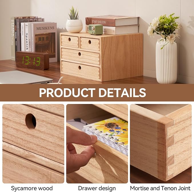 KIRIGEN Wood Desk Organizer with 4 Drawers, Desktop Storage, Natural 34-NA | 3-Tier Solid Wood Cabinet Holds Letter-Size Paper, Mail, Makeup, Crafts, and Home Office Supplies, Fully Assembled