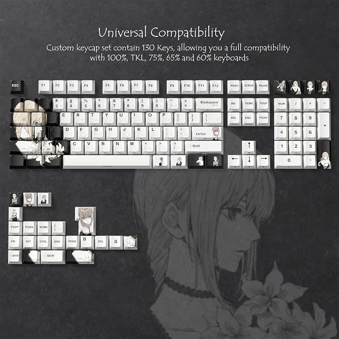 Rainy Japanese Anime Keycaps 60 65 75 100 Percent,Cherry Keycaps130 Keys PBT Dye Sublimation Custom Keycaps Set for Mechanical Keyboard 61/64/75/84/87/104/108 Layout with Key Pulle (Black)