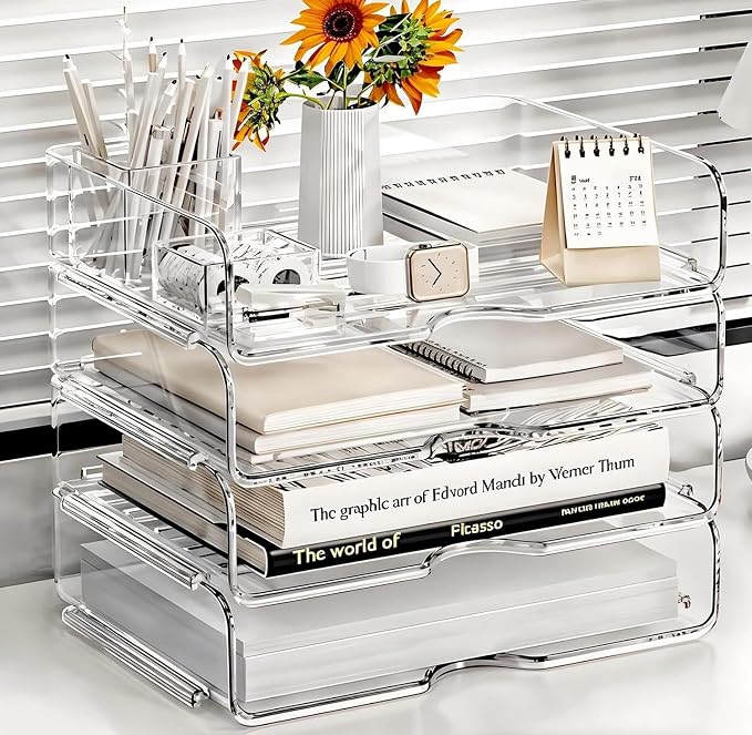 DCA 4 Tier Large Capacity Desk Organizer, Clear Stackable Paper Tray | High-Volume File Storage | Office, Home & School Use | Easy Assemble | Letter & A4 Compatible